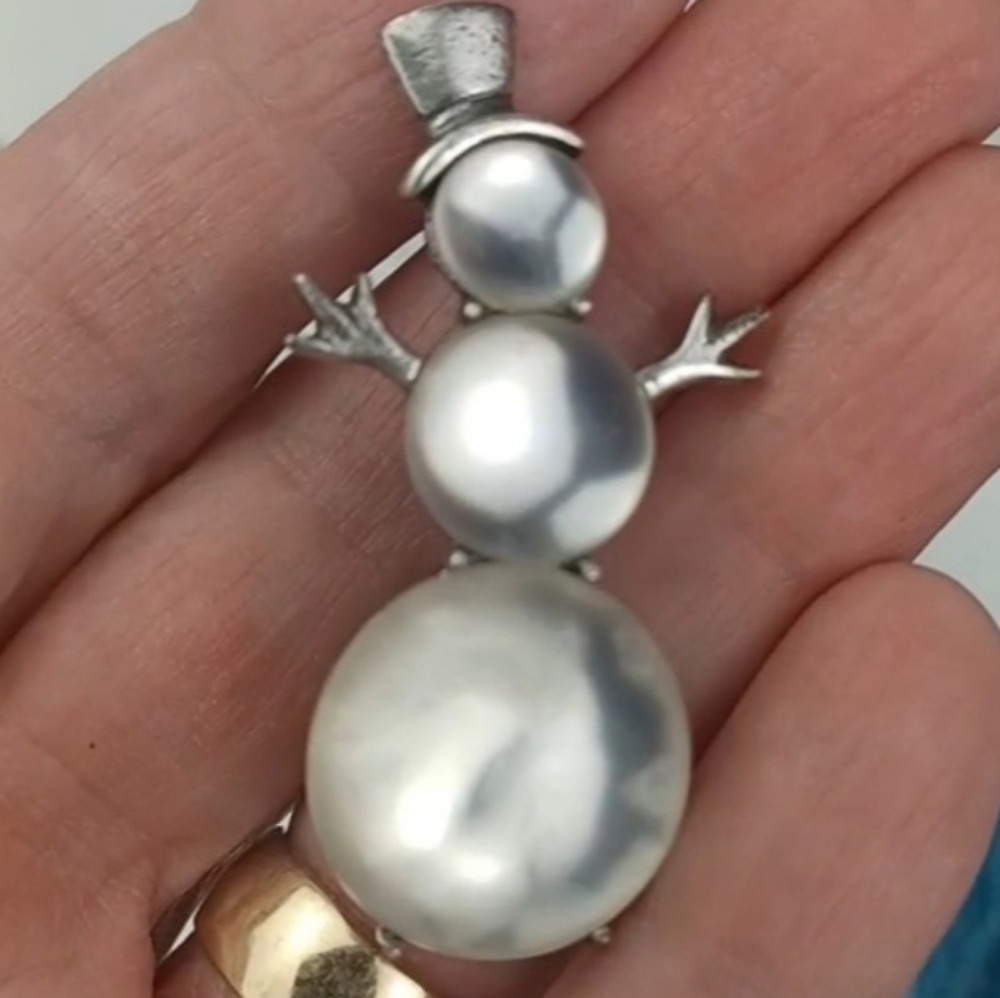 Adorable Silver Tone Frosty Translucent Pearlesque Snowman Brooch